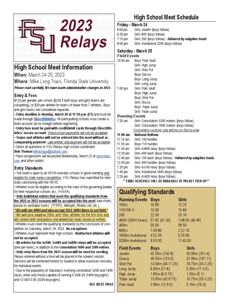 2023 FSU Relays High School Information PDF Track And Field