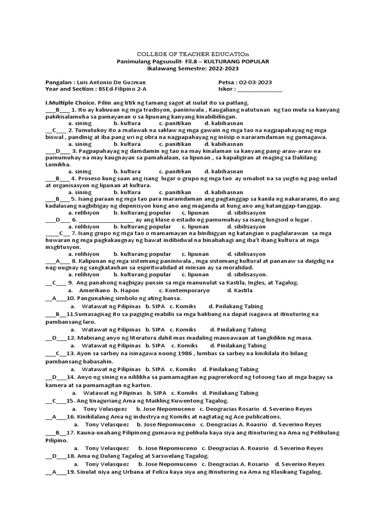 Kulturang Popular-Panimulang Pagsusulit-2023 | PDF