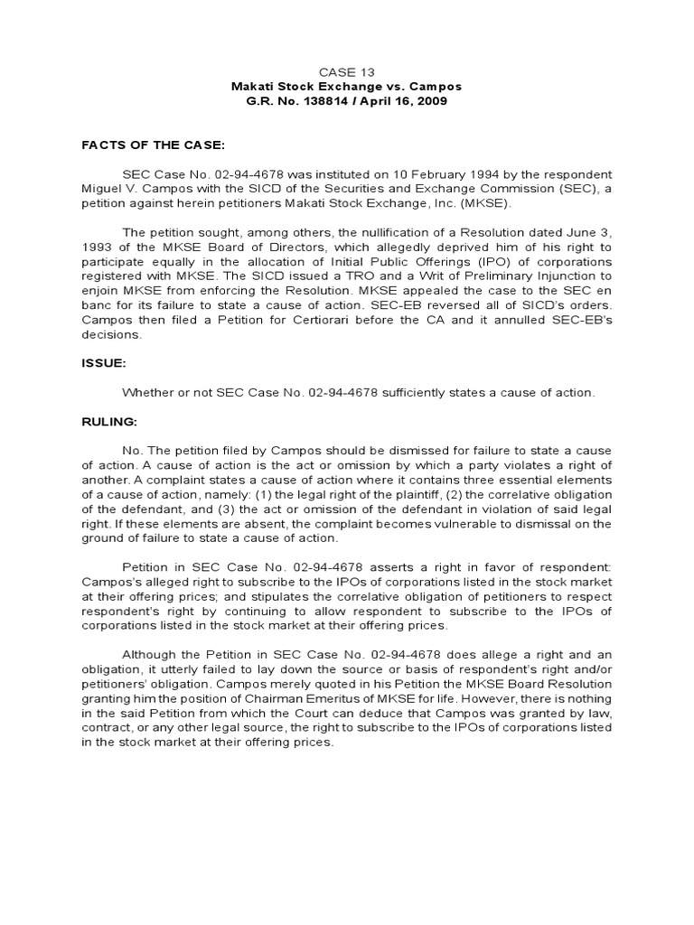 Edres Makati Stock Exchange vs. Campos PDF Cause Of Action