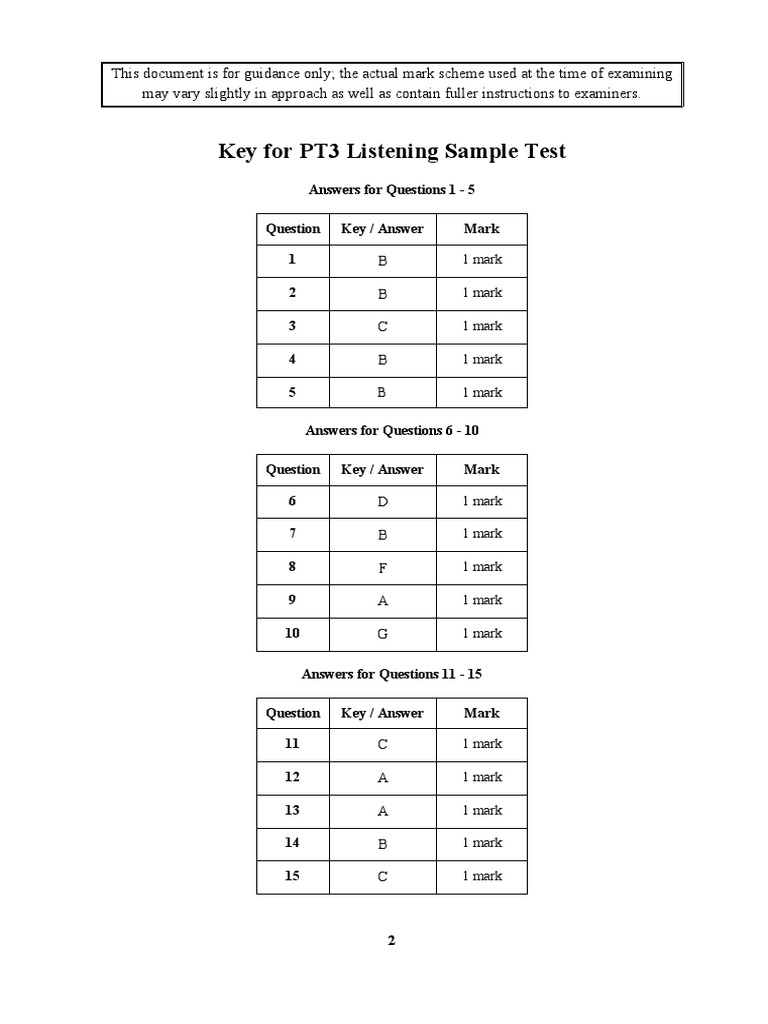 Pt3 Listening Sample Test Key Pdf Evaluation Methods Tests