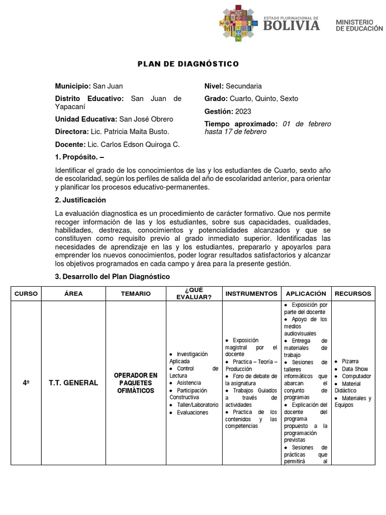 Plan de Diagnóstico Escolar | PDF | Maestros | Informática