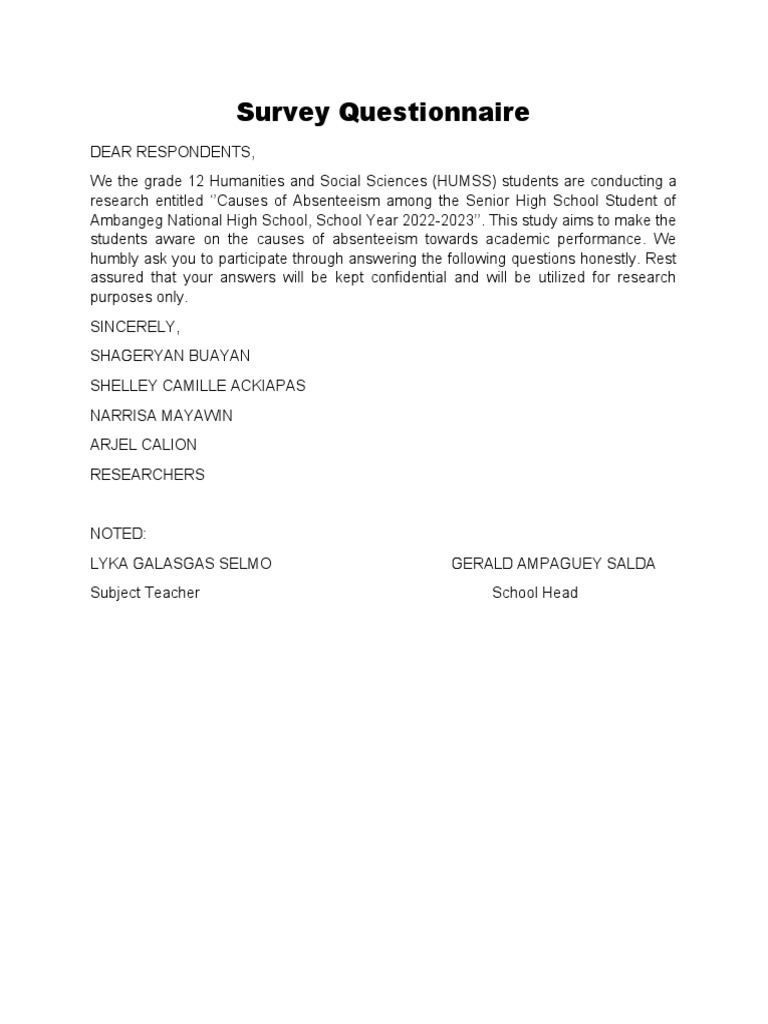 Survey Questionnaire BDS | PDF
