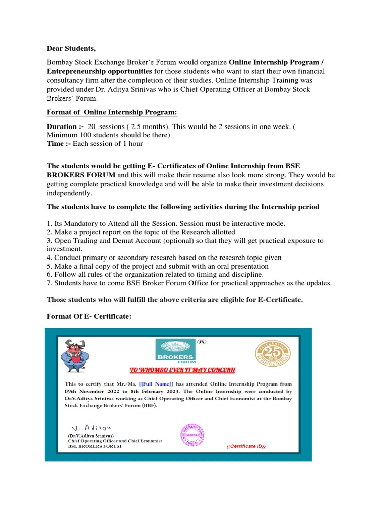 BSE Online Internship Program Details | PDF