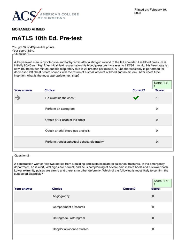 ATLS Pretest Answers PDF Injury Major Trauma