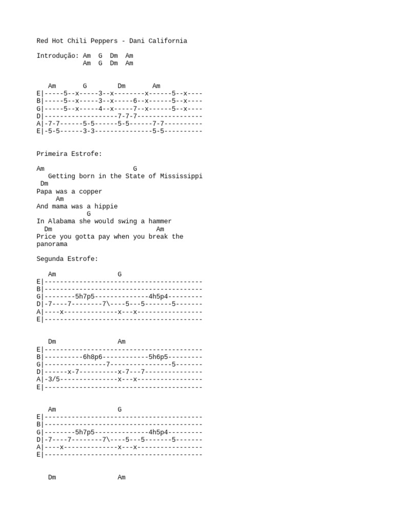 Red Hot Chili Peppers Dani California PDF Songs Written