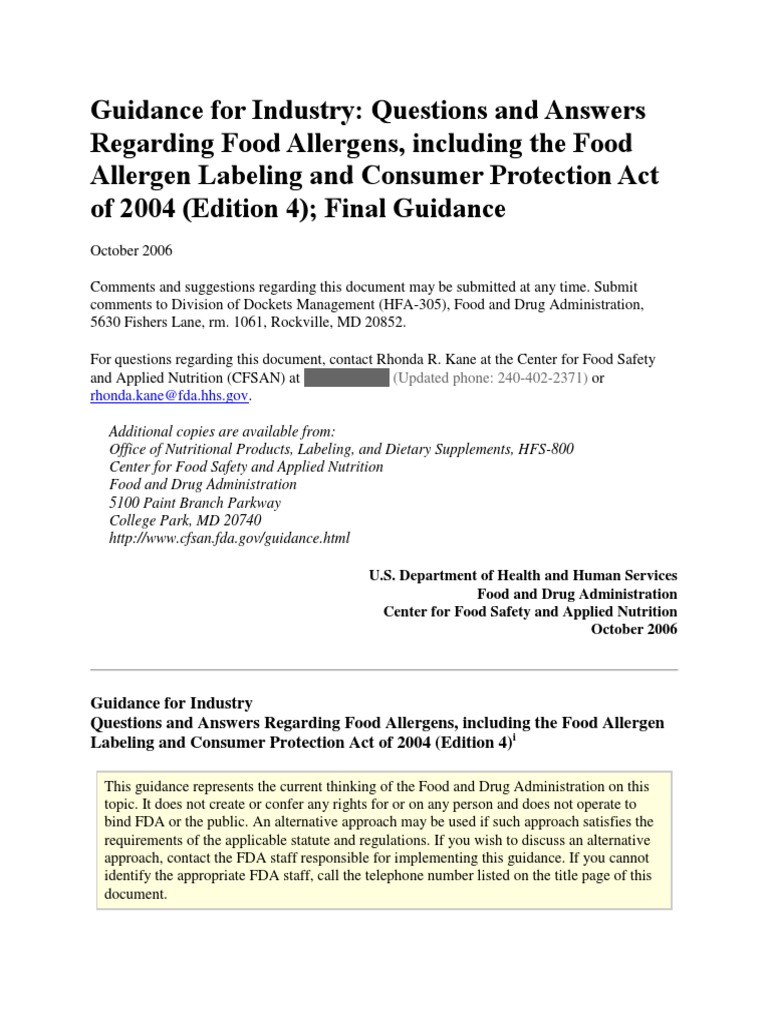 Guidance For Industry QnA Regarding Food Allergen US FDA PDF Food