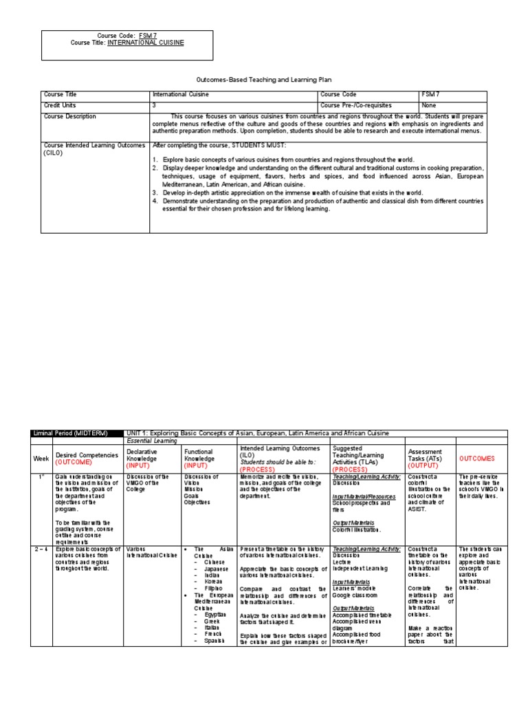 Syllabus FSM 7 Studoc PDF Cuisine Learning