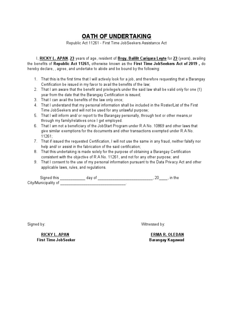 Oath of Undertaking Template PDF