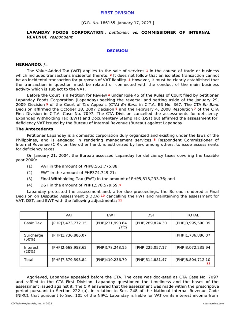 Petitioner Respondent: Lapanday Foods Corporation, - Commissioner of ...