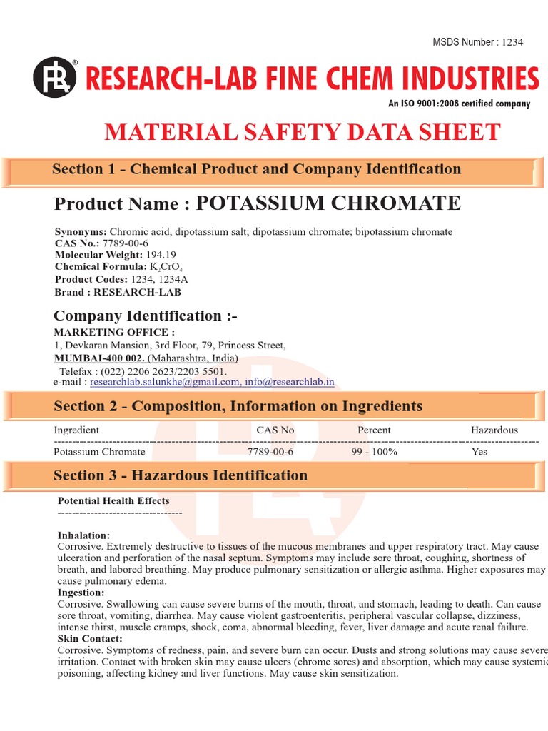 Material Safety Data Sheet for Potassium Chromate A Comprehensive