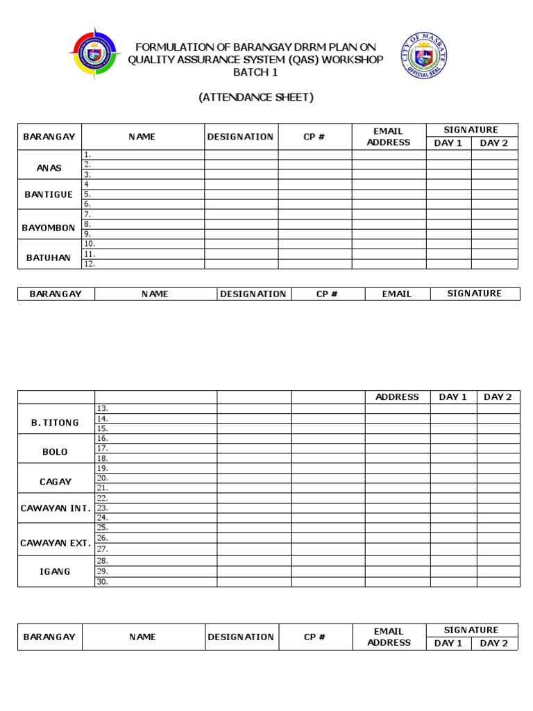 Barangay DRRM Plan Workshop Attendance | PDF