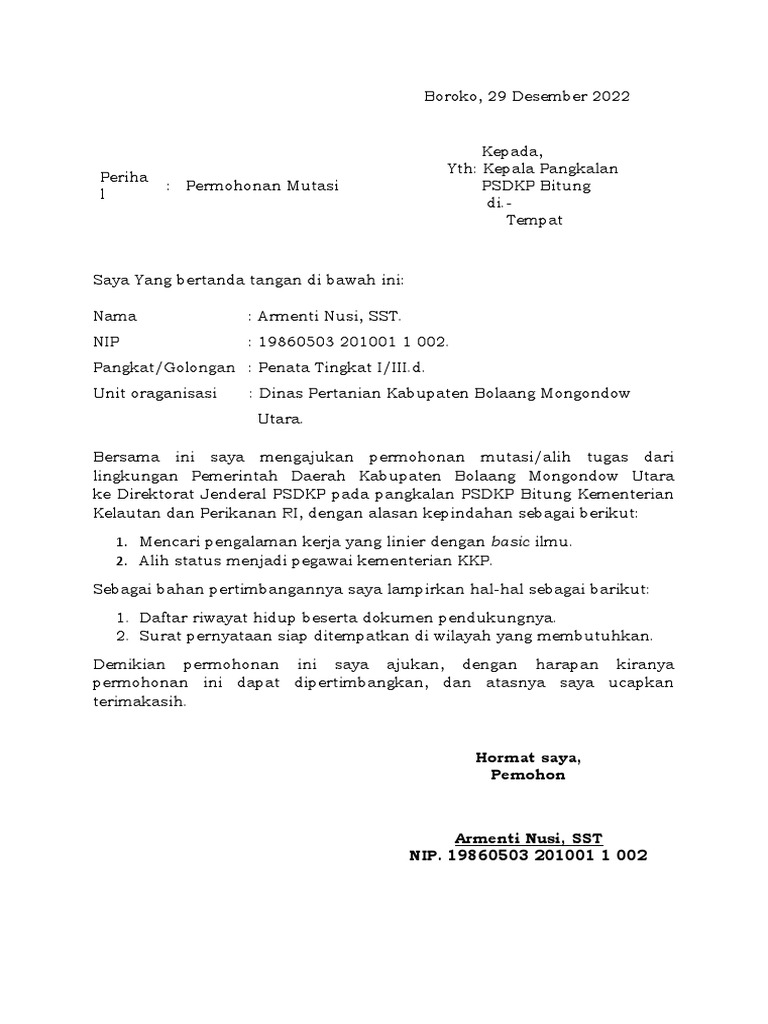Surat Permohonan Mutasi Pdf