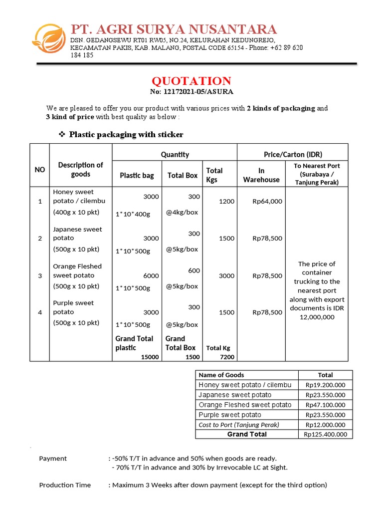 Quotation for Sweet Potatoes Supply | PDF | Secondary Sector Of The ...