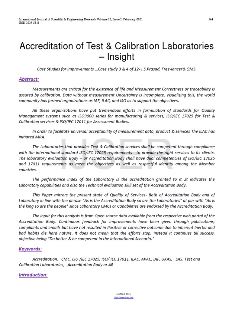 Accreditation of Test Calibration Laboratories Insight PDF