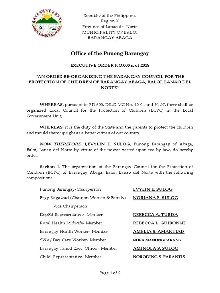 Reorganization of BCPC in Baloi, Lanao del Norte | PDF | Child Abuse ...