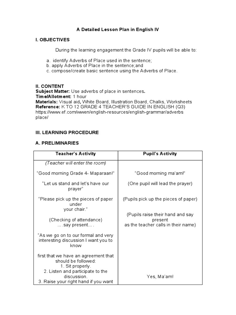 Adverbs of Place: Grade 4 Lesson Plan | PDF | Lesson Plan | Cognition