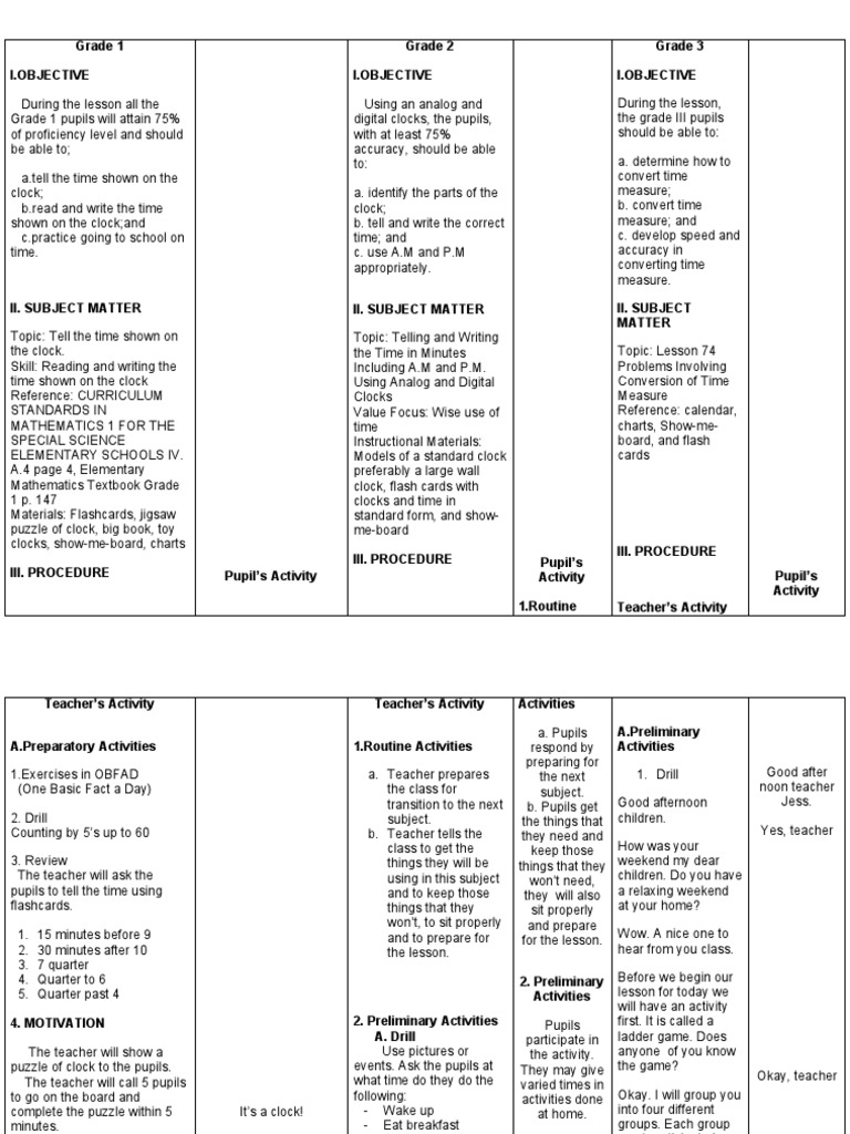 Multigrade Lesson Plan PDF Clock Teachers