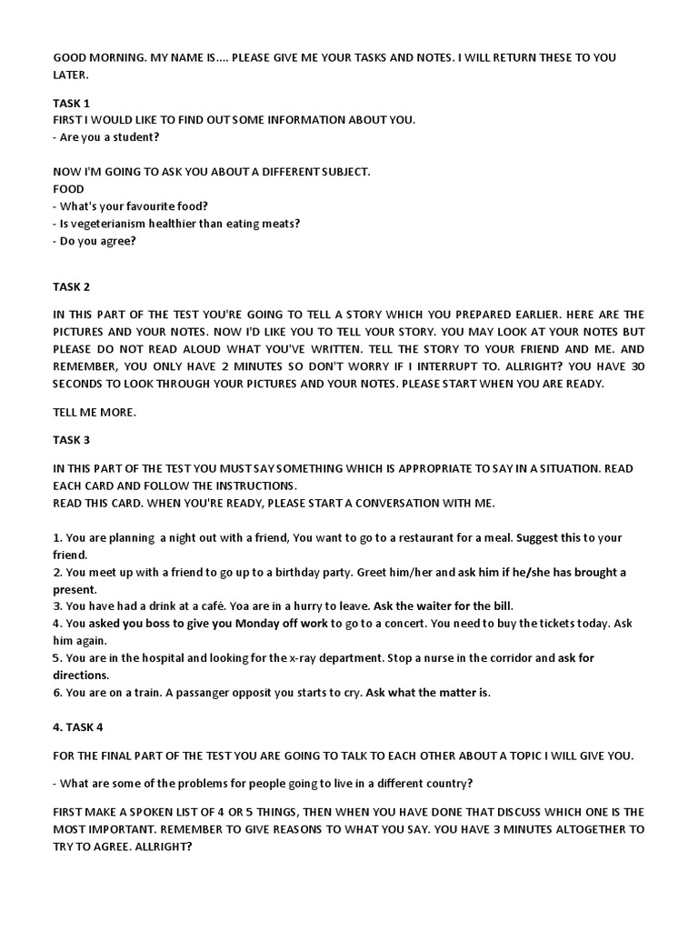 English Speaking Test Tasks Guide | PDF