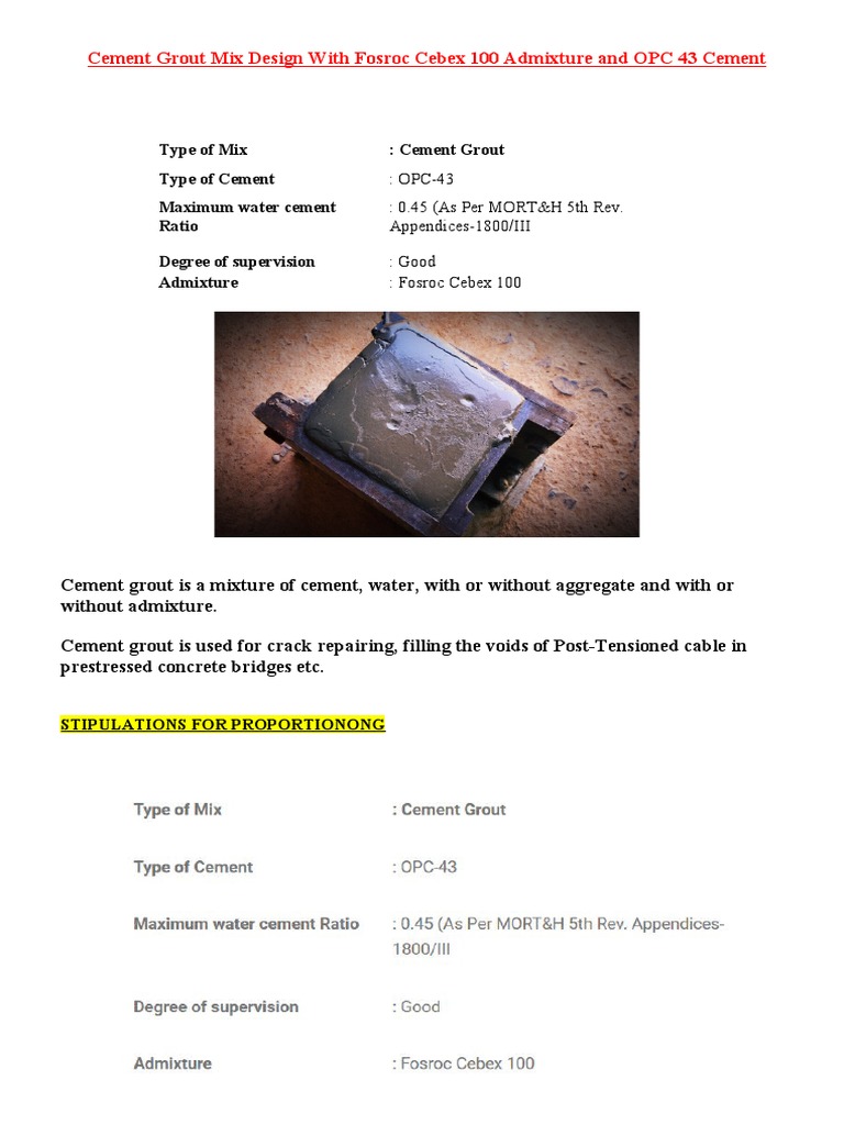 Cement Grout Mix Design With Fosroc Cebex 100 Admixture and OPC 43