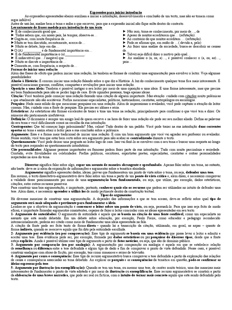 Frases para Iniciar Redações e Argumentos | PDF | Citação | Argumento