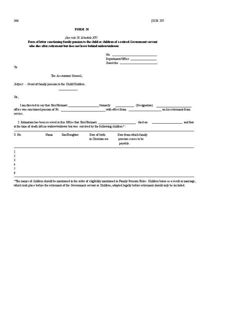Form 20 form of letter sanctioning family pension to the child children