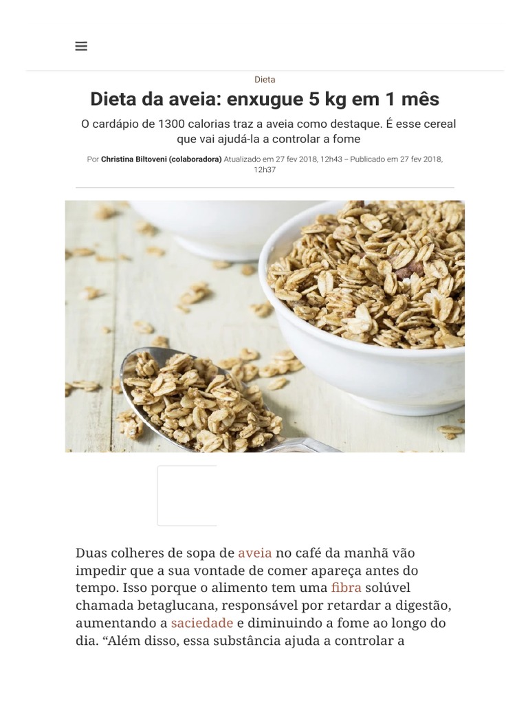 Emagrecer 5 kg com Dieta de Aveia | PDF | Fibra alimentar | Dieta e ...