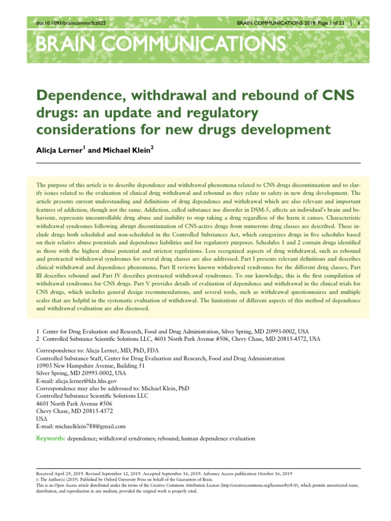 Dependence, Withdrawal and Rebound of CNS PDF Substance Dependence