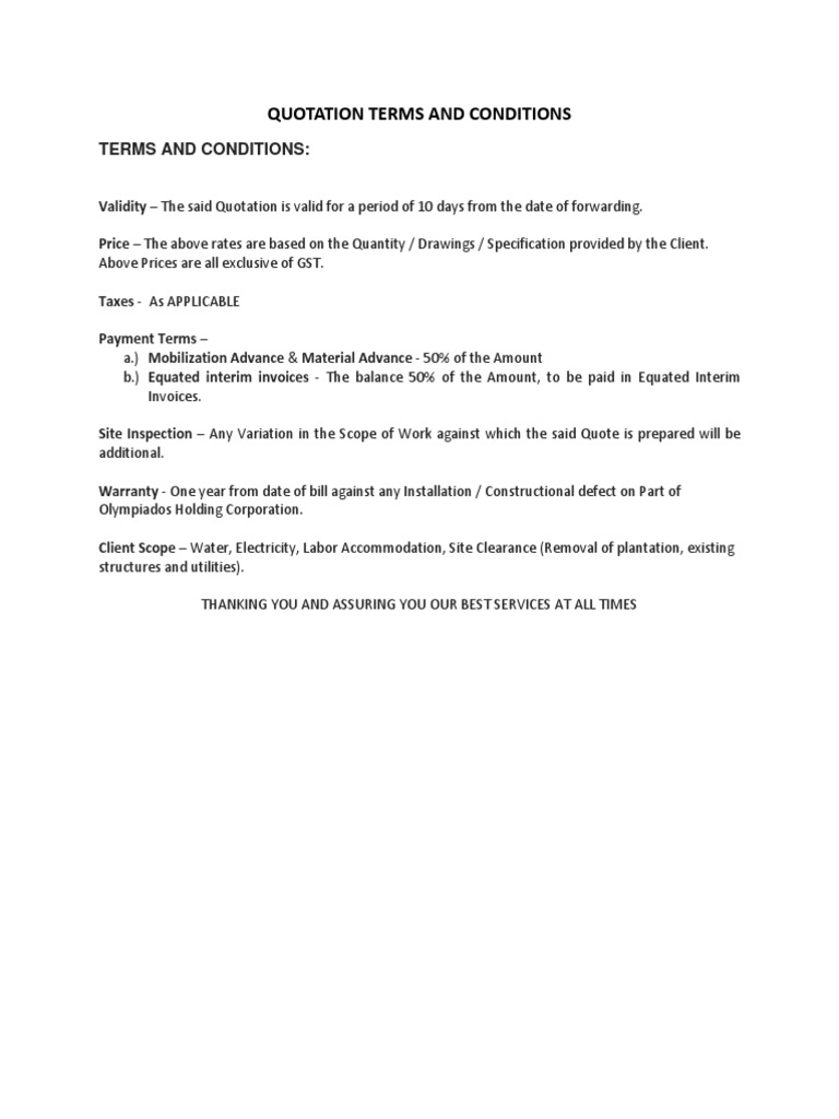 Quotation Terms and Conditions For Quotes | PDF