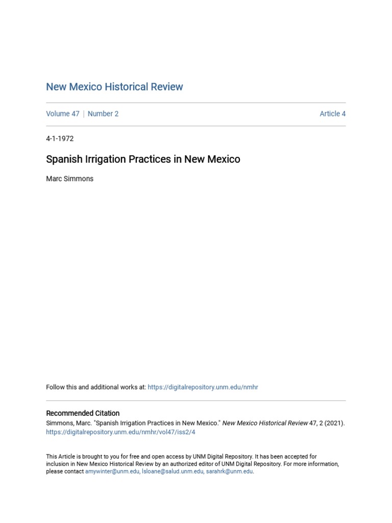 Spanish Irrigation Practices in New Mexico PDF New Mexico Dam
