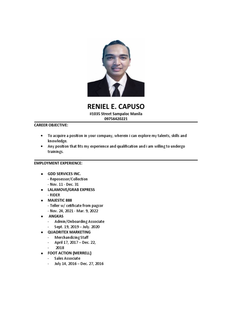 A Well-Rounded Job Seeker: Reniel E. Capuso's Career Objective and ...
