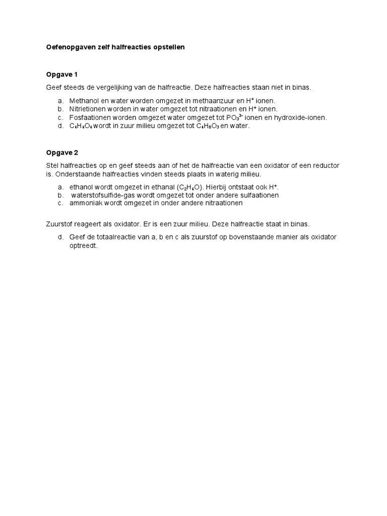 Oefenopgaven Halfreacties Opstellen | PDF