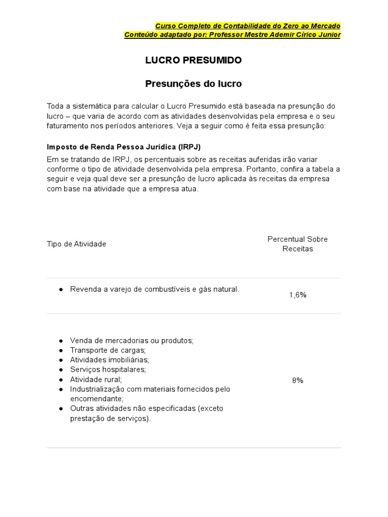 Apostila Lucro Presumido e Lucro Real | PDF | Impostos | Imposto de Renda