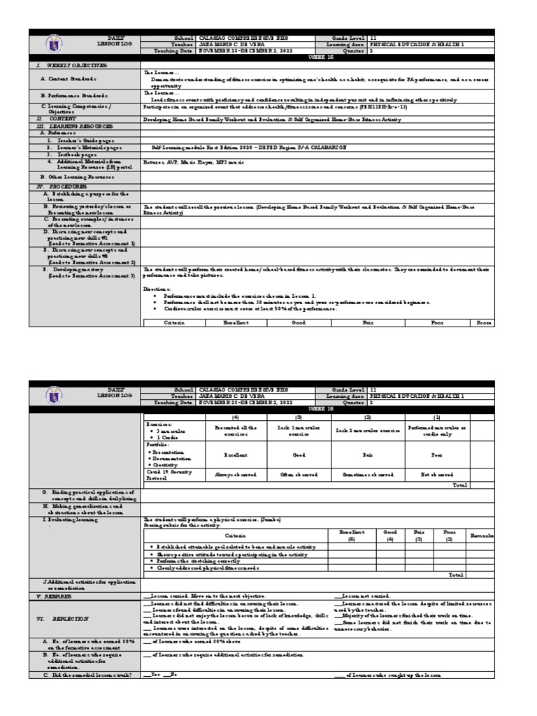 Grade 11 PE Lesson Plan: Fitness Activities | PDF | Learning | Teachers