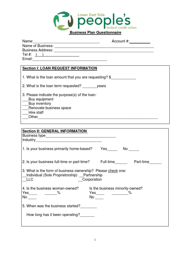 Formal Business Plan Questionnaire PDF Credit Card Banks