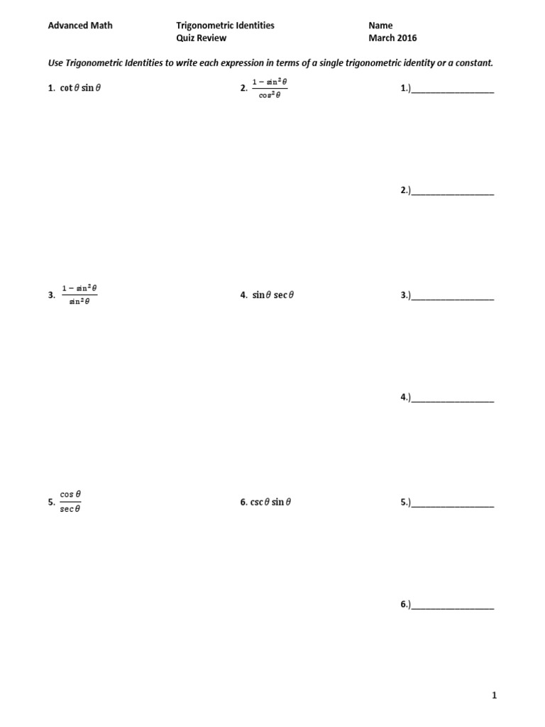 Trig Identities Quiz Review March 2016 PDF Trigonometric Functions