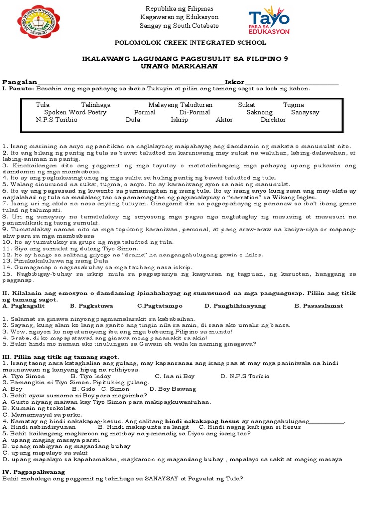 2nd Summative Test Fil 9 | PDF