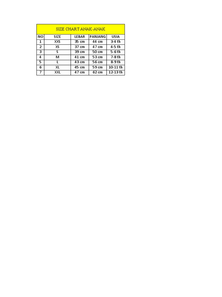 Size Chart Anak | PDF