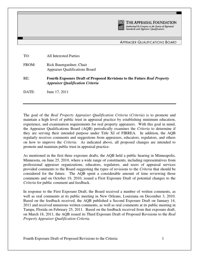 Aqb 4th Exposure Draft Final Appraiser Qualifications PDF Real
