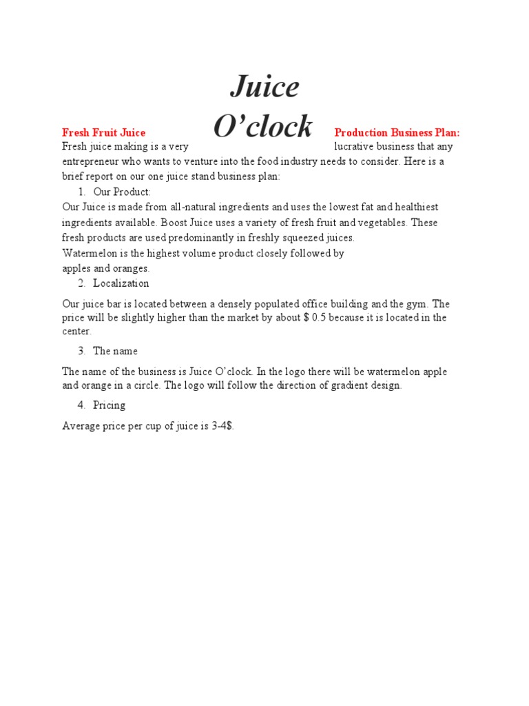 Fresh Fruit Juice Production Business Plan PDF