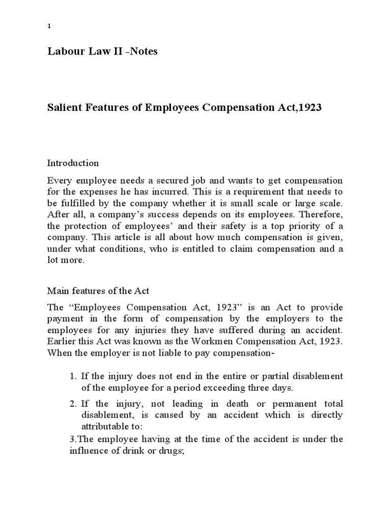 Salient Features of Employees Compensation Act PDF Legal Liability