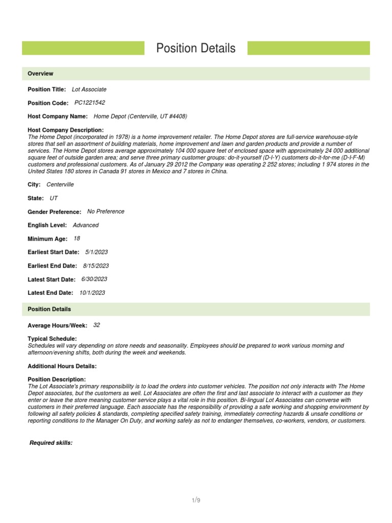 Home Depot (Centerville, UT 4408) Lot Associate PDF Salt Lake City