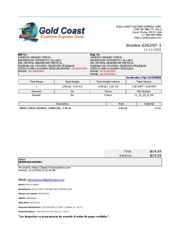 Gold Coast Customs Invoice 626297-1 | PDF
