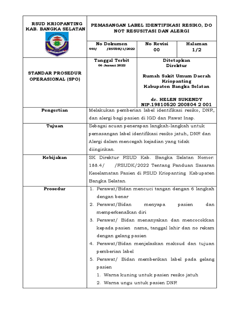 SOP Pemasangan Label Pasien Terkini | PDF