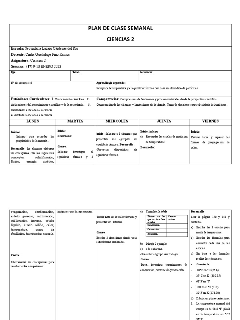 Plan de Clase Semanal Repaso | PDF | Calor | Temperatura