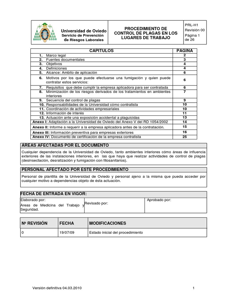 Procedimiento de Control de Plagas PRL-H1 | PDF | Pesticida | Plaga ...