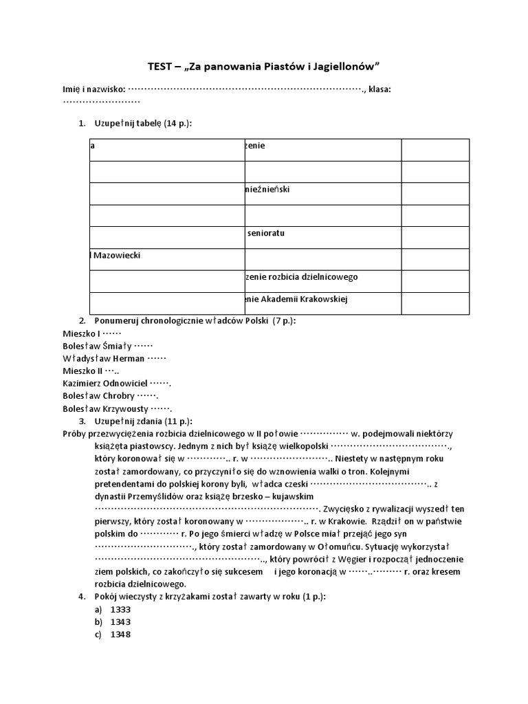 Od Piastów Do Jagiellonów Test Online TEST kl4 - Za panowania Piastów i Jagiellonów | PDF