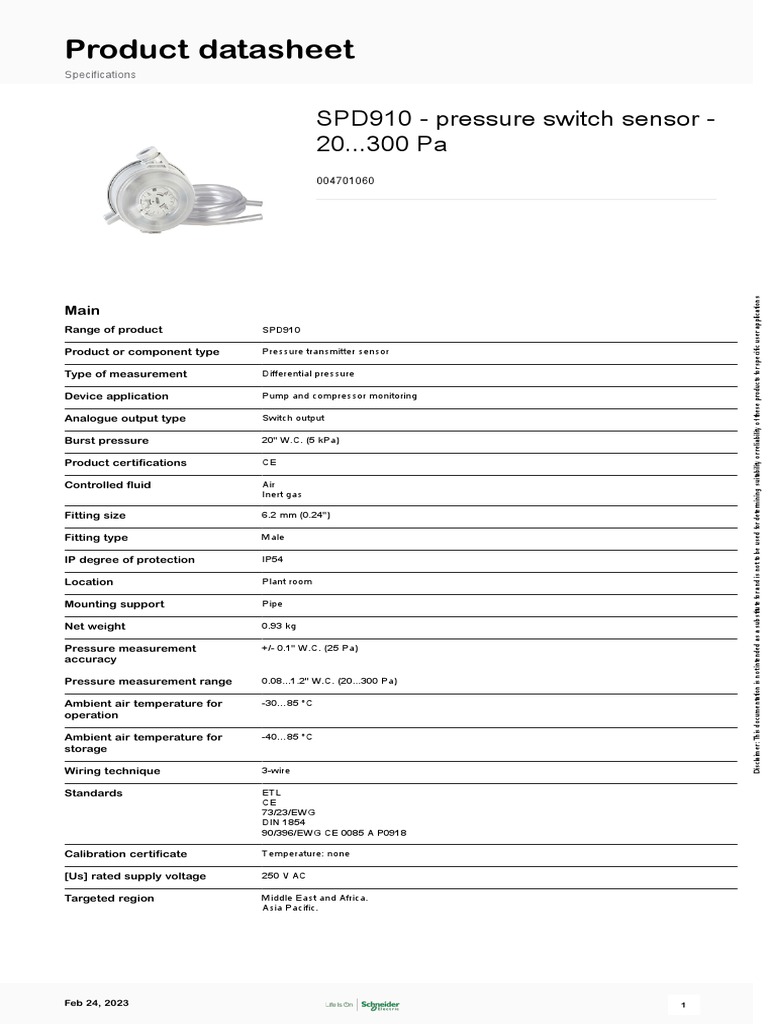 SPD910 Pressure Switch Specifications | PDF | Pressure Measurement ...