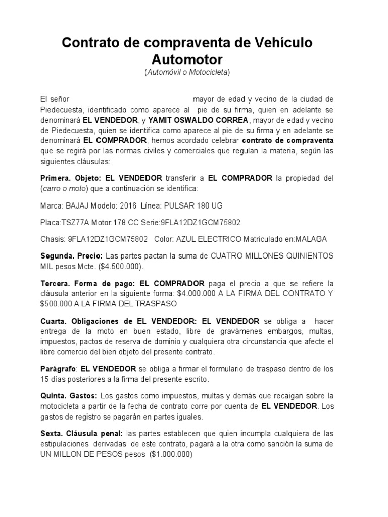 Contrato de Compraventa de Moto | PDF | Negocios | Finanzas y dinero