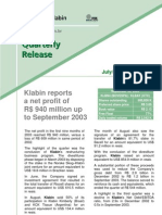 Klabin Reports A Net Profit of R$ 940 Million Up To September 2003