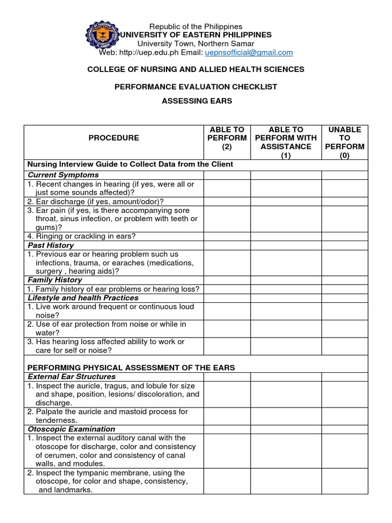 AssessmentChecklist Ears PDF Ear Hearing